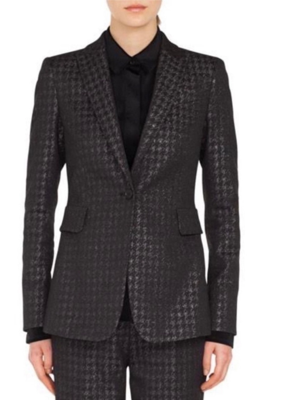 Akris Punto Blazer Size 8 Black & Metallic Houndstooth Jacket Suit Coat EUC